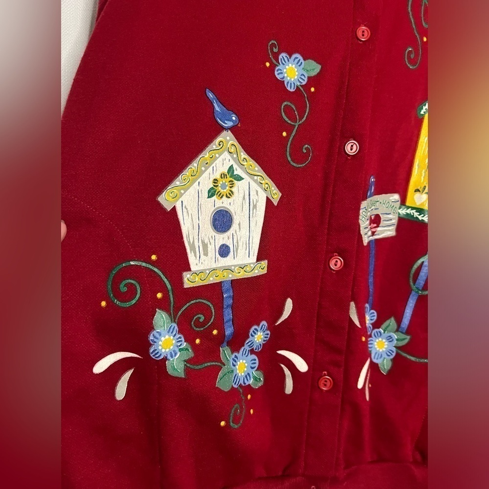 Vintage Blair Red and Yellow Birdhouse Cardigan Sweater XXL - Picture 6 of 9